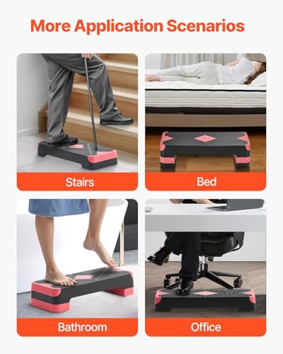 Aerobic Exercise Step Platform, 28-Inch Workout Aerobic Stepper, Height Adjustable Fitness Training Step Deck Trainer with 4 Risers, Non-Slip Surface Bench for Home Gym Cardio Strength, Red