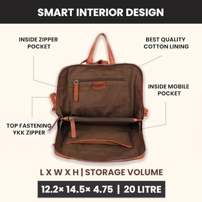 12.5 Inch Genuine Leather Backpack for Women and Men, Cognac Leather Backpack with Adjustable Shoulder Strap - color: Cognac