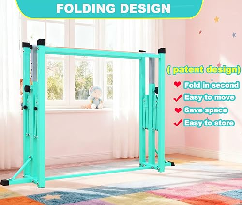 Marfula Gymnastic Bar For Kid and Teenage of 3-25, 5Ft/8 FT Base Length 4Ft Width 5Ft Adjust Height, Gymnastic Kip Bar For Gymnast, Gymnastic Training Equipment For Professional Training Home Club Use - color: Teal (Bar with Mat - 8Ft Base)