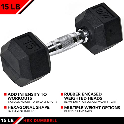 JFIT Rubber Hex Dumbbell - style: 15lb (Single)