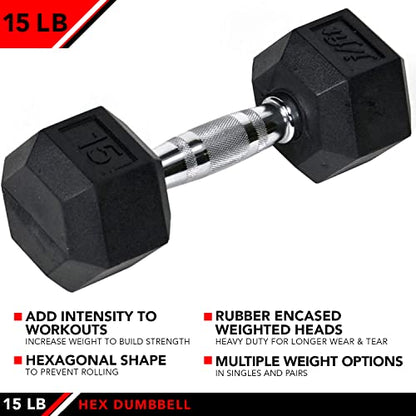 JFIT Rubber Hex Dumbbell - style: 15lb (Single)