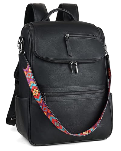 FADEON Laptop Backpack for Women Leather Travel Backpack with Laptop Compartment, Designer PU Shoulder Laptop Bag Black - color: Black Retro Style
