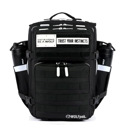WOLFpak 35L Tactical Gym Backpack (Alpha Black White Accents) Durable 1000D Waterproof Oxford Material with MOLLE Webbing, Laptop Pocket & Dual Cup Holders, Durable Fitness/Travel/Military Daypack - color: Alpha Black White Accents