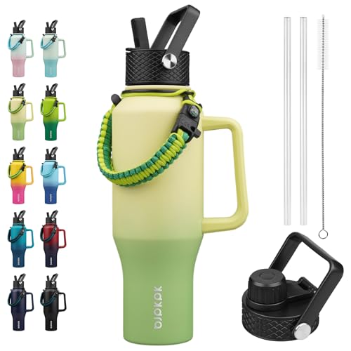 BJPKPK Insulated Water Bottles with Straw Lid, 35oz Metal Water Bottle with 2 lids & Paracord Strap, Double Wall Stainless Steel Tumbler with Handle, Reusable Cups, Mugs, Thermo, Fresh Green - color: Fresh Green, style: 35oz-Side Handle