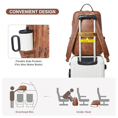 Shrrie 17 Inch Faux Leather Laptop Backpack for Women with Large Cup Holder - color: Caramel Brown