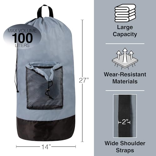 Laundry Bag Backpack with Shoulder Straps and Mesh Pocket Laundry Backpack Large Portable Laundry Hamper for College Laundromat Apartment with Drawstring Closure, Adjustable Back Straps (Grey) - color: Smoky