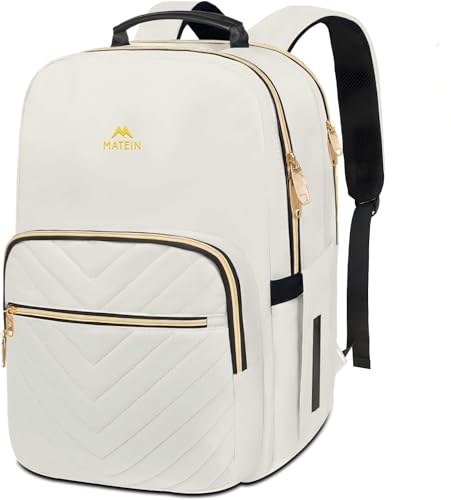 MATEIN Travel Laptop Backpack, Anti Theft Quilted Slim Backpacks for Women with Detachable Keychain Hook, Teacher Doctor Nurse Carry on Bags Purse Fits 15.6 Inch Notebook, White - color: White, size: 15.6inch