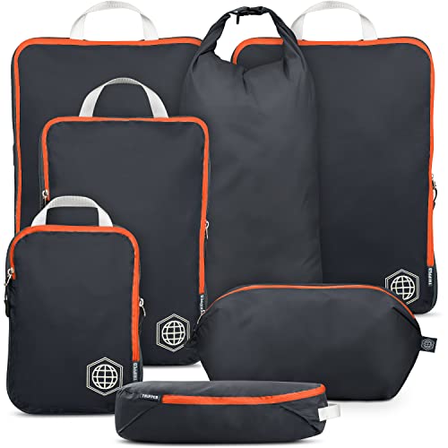 Large Compression Packing Cubes for Travel-Packing Cube Luggage Organizers 7 Piece Set for Checked Luggage-Ultralight, Expandable/Compression Bags by TRIPPED Travel Gear (Grey/Orange) - color: Grey/Orange