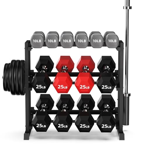 PLKOW Adjustable 3-Tier Dumbbell Rack with Barbell & Weight Plate Storage for Home Gym, Heavy Duty Steel Weight Rack Stand, Angle Height Width Adjustable Gym Organizer - color: Deep Black