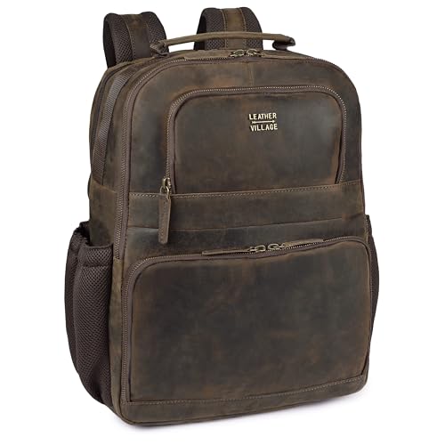 LEATHER VILLAGE Vintage Leather Laptop Backpack for Men & Women, Professional Business Bag Fits 17”- Laptop, Travel Hiking Daypack with Trolley Strap - Distressed Brown - color: Distressed Brown
