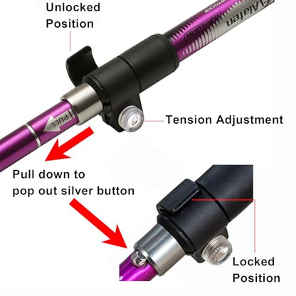 A ALAFEN Aluminum Collapsible Ultralight Travel Trekking Hiking Pole for Men and Women (Fits 5'3" - 6'2") - color: Purple