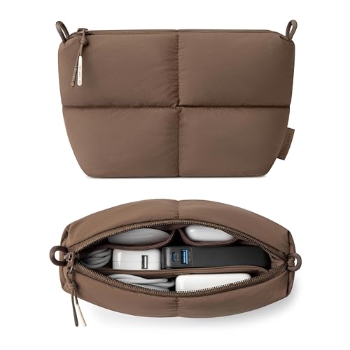 Comfyable Puffy Electronics Organizer Travel Case, Cute Tech Pouch for Women Men, Cable Storage Bag for Charger, Phone, Power Bank, Cord, Compact Tech Accessories Pouch, Mocha Brown - color: Mocha Brown