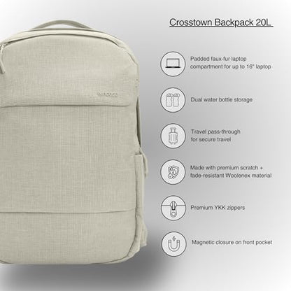 Incase Crosstown Backpack – 20L Everyday Laptop Backpack for Work, Travel – 16" Faux Fur MacBook Sleeve, External Front Pocket, Water Bottle Pockets, Travel Pass Through - Limestone - color: Limestone