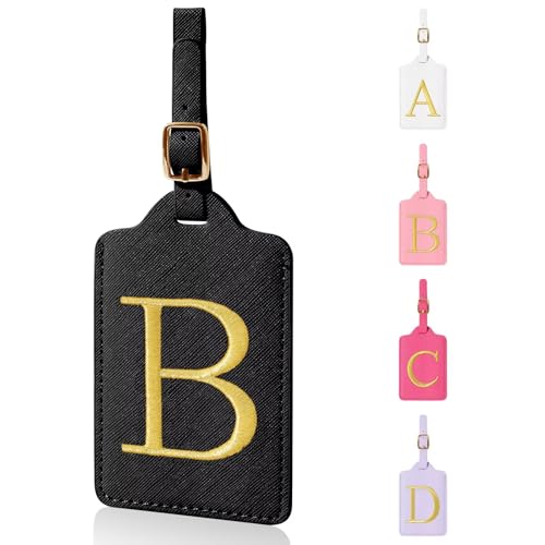 Personalized Initial Luggage Tags for Suitcases,Leather Letter Cute Luggage Tags with Privacy Name Card,Embroidered Monogrammed Travel Bag Backpack Tag Gifts for Women Kids Girls Teens(Black-B) - color: Black, size: B