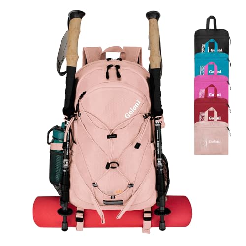 Goloni 45L Hiking Backpack Lightweight Foldable, Waterproof Camping Backpack with Rain Cover & Hiking Pole Mat Carrying System, Ergonomic Water Resistant Daypack for Trekking Travel Men Women Pink - color: Pink