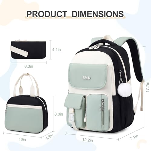 DIGOBAY Backpacks for Girls, 3PCS School Backpack with Lunch Box Pencil Pouch for Teen Girls Kids Elementary Primary Middle High College Travel School bag Bookbag Set （Black Green） - color: Black Green