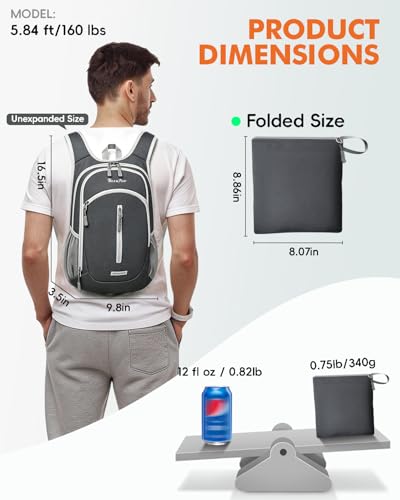 Seektop Small Hiking Backpack Expandable 12L-15L, Lightweight Packable Waterproof Daypack with Phone Pocket for Women Men - color: Dark Grey