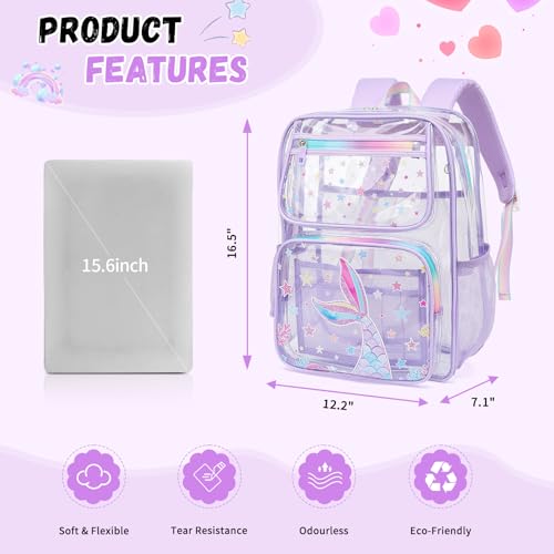 MOONBABY Clear Backpack for School Girls, Heavy Duty TPU Transparent Backpack Stadium Events Approved, Clear Bookbag - color: Purple Mermaid