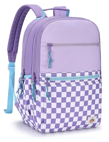 VASCHY School Backpack, Lightweight Classic Cute Aesthetic Bookbag Daypack for Teen Girls Traveling/Gym/Middle School Black Lavender Plaid - color: Lavender Plaid-l, size: Large-17in