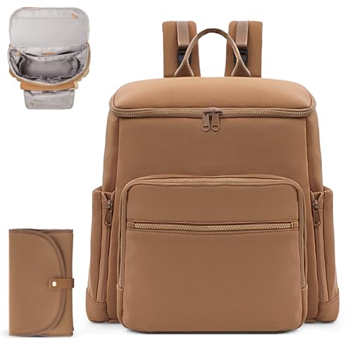 Diaper Bag Backpack, Neoprene Bag Backpack, Large Diaper Backpack with 16 Diaper Bag Organizers, 4 Insulated Pockets, Lighweight Travel Baby Bag with Changing Pad for Mom & Dad, Brown - color: Brown