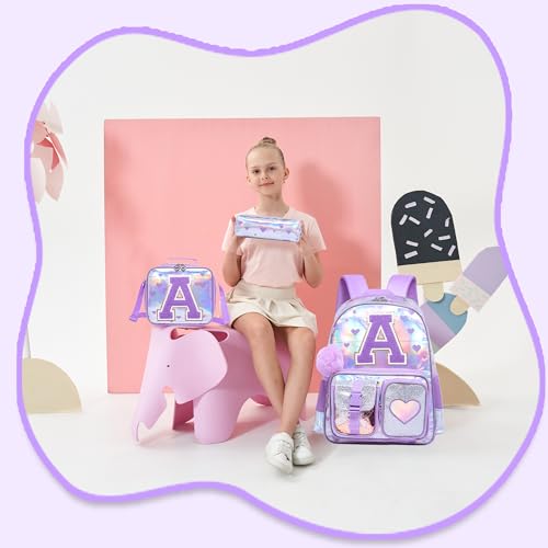 Meetbelify Backpack for Girls Letter Backpacks for Elementary Student Teen Girls Cute School Bag Kids Bookbag for Kids 8-10 - color: Initial a Purple