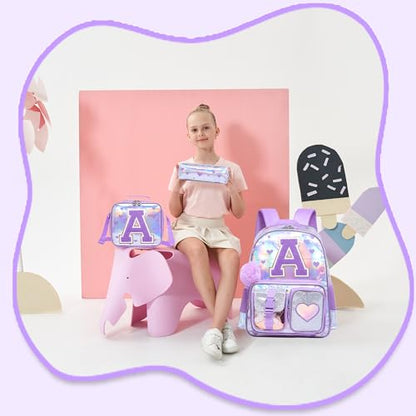 Meetbelify Backpack for Girls Letter Backpacks for Elementary Student Teen Girls Cute School Bag Kids Bookbag for Kids 8-10 - color: Initial a Purple