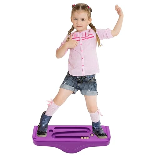Kids Rocking Seesaw Balance Board with 5 Wooden Balls Sensory Training Rocking Board Balance Training Equipment Children Indoor Outdoor Activity Toy - color: Purple