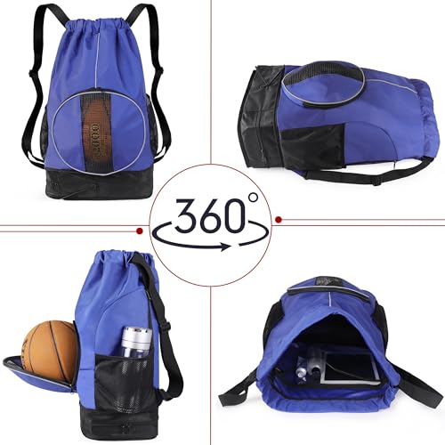 Basketball Backpack, 45 L Drawstring Sports Bag with Large Shoe Compartment and Wet Pockets for Women Men Gym Bag - color: Blue-45L