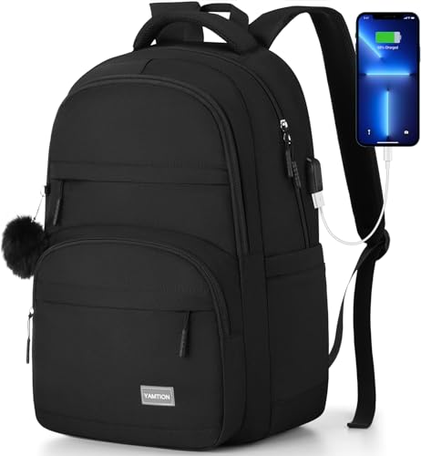 YAMTION Black School Backpack for Women,High School Bookbag for Girls Middle School Bags for Kids with Charger Ports for College Work - color: Black, size: 15.6 inch (1 pack)