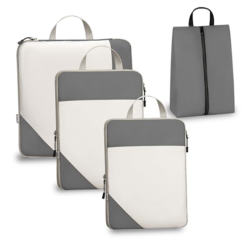 Compression Travel Packing Cubes with White Mesh, Grey, 4Pcs | Waterproof fabric and See-Through Mesh, Space-Saving Compression Organizer for Travel and Daily Clothes Storage - color: Grey, size: Set of 4