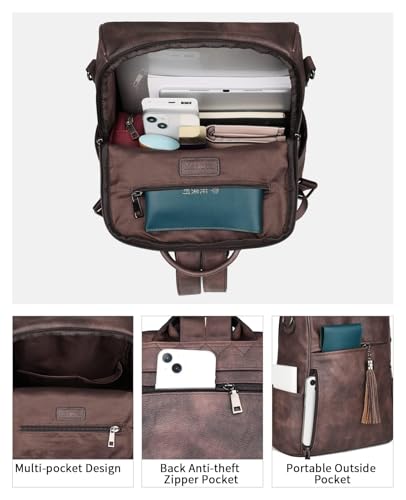 FADEON Leather Backpack Purse for Women Designer Travel Backpack Purses PU Fashion Ladies Shoulder Bag with Tassel Coffee - color: 1 Coffee Brown Retro Style, size: Medium (14-in Height)