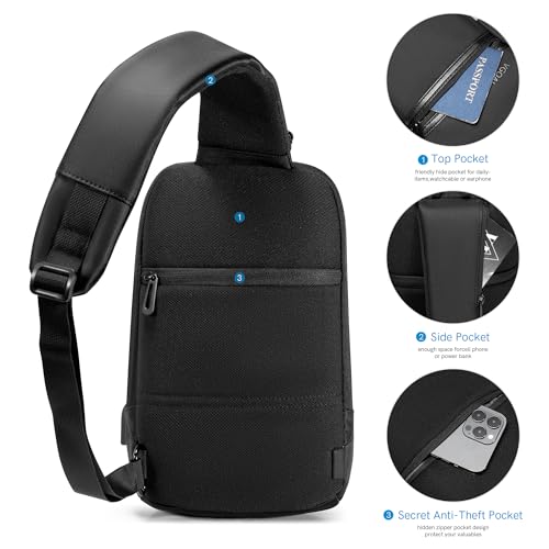 Kingsons Mini Sling Bag Hiking Daypack for Men, Waterproof Little Crossbody Travel Shoulder Bag, Small Anti-Theft Backpack Camping Bag for Traveling, Leisure, Commuting, Fit for 9.7" ipad Black… - color: Black-c