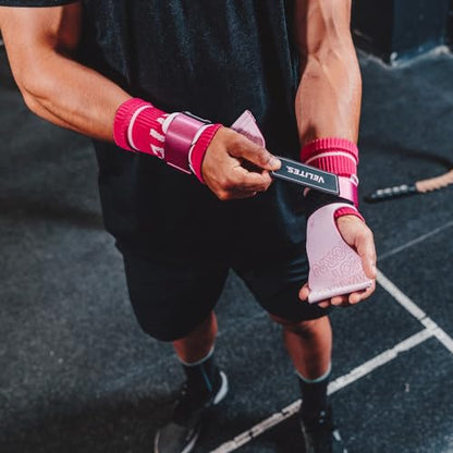 Velites - Official Games Quad Pro Grips - with Chalk - Wristbands Included - Pull-ups, Muscle-ups, and Toes-to-bar - color: Pink, size: Medium