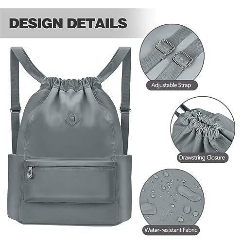 BAVELOE Drawstring Backpack with Wet Pocket Gym Backpack Water-Resistant Cinch String Bag Beach Swim for Women Men - color: Grey