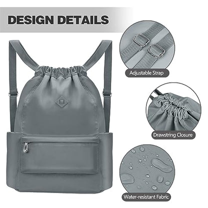 BAVELOE Drawstring Backpack with Wet Pocket Gym Backpack Water-Resistant Cinch String Bag Beach Swim for Women Men - color: Grey