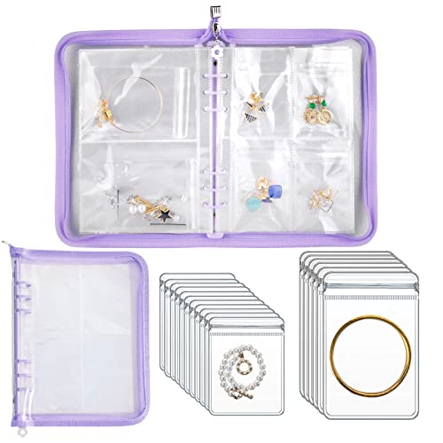 Travel Jewelry Organizer Transparent Jewelry Storage Book Set with Pocket Traveling Necklace Earring Organizer with Zipper for Ring, Bracelets, Stud (120 Grids +75 Thicken PVC Zipper Bags, Purple) - color: Purple - Complete Set (120 Grids + 75 Zipper Bags