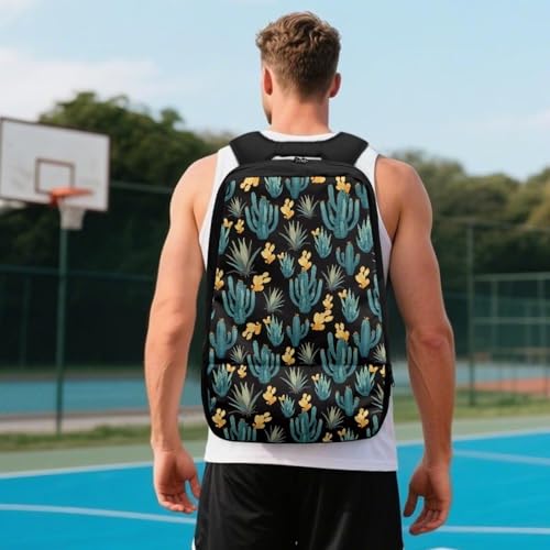 18.5in Basketball Backpack Basketball Bag with Shoe Compartment & Ball Holder, Waterproof Bag for Soccer Volleyball - color: Simple Green Cactus Print
