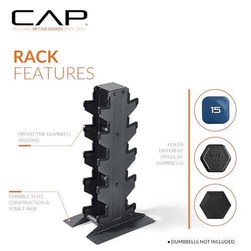 CAP Dumbbell Set with Rack, Rubber Coated Hex Free Weight Set | 100–300 lb Options, Vertical Space-Saving Storage for Home Gym Strength Training - size: 150 lb Set - Black Rack, style: Chrome Handle