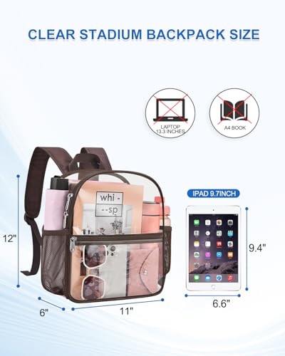 Clear Backpack for Stadium Events, 12x12x6 Small Clear Plastic bag with Reinforced Straps for Game Security Festival Concert - color: Chocolate