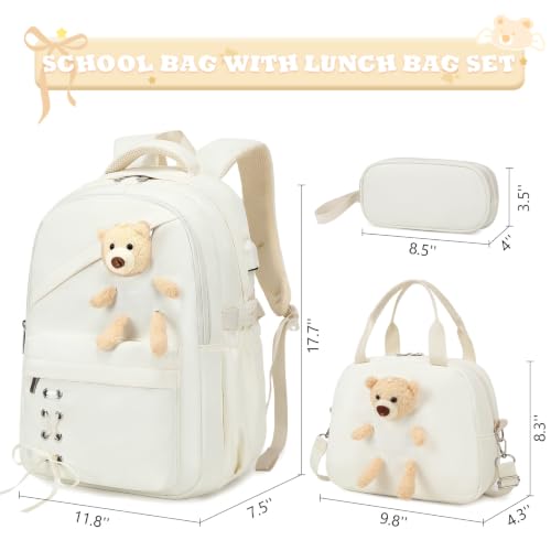 ACESAK School Backpack for Girls - 3 PCS Cute Girls Backpack with Lunch Box & Pencil Case - Kawaii Casual Kids Bookbag School Bag Daypacks Set for Elementary Middle High School Student Teens (Beige) - color: Beige