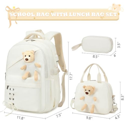 ACESAK School Backpack for Girls - 3 PCS Cute Girls Backpack with Lunch Box & Pencil Case - Kawaii Casual Kids Bookbag School Bag Daypacks Set for Elementary Middle High School Student Teens (Beige) - color: Beige