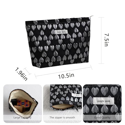 Wudygirl Cute Makeup Bag Cosmetic Bag Travel Cosmetic Pouch for Women Aesthetic Canvas Make up Organizer with Zipper Large Capacity Handbag Pencil Pouch (Black Heart) - color: Black Heart