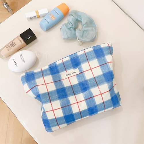 Wudygirl Makeup Bag Canvas Cosmetic Bag for Women Aesthetic Makeup Organizer Travel Makeup Pouch Toiletry Bag Pouches for Purse Cute Zipper Pouch Handbag (Blue White Line) - color: BLWH Line