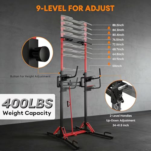 ONETWOFIT Foldable Power Tower Pull Up Bar Dip Station, Multi-Function Adjustable Height, Strength Training, 400LBS/600LBS Capacity