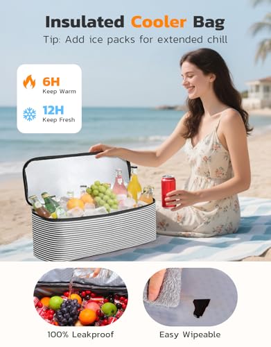 ISEYOU Beach Bag and Cooler Bag Set, 45L Waterproof XXL Foldable Tote with Zipper, 8 Pockets for Pool, Picnic, Travel - color: Black
