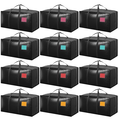 12 Pack Moving Bags with Full-Open Side Zipper, Extra Large 93L Heavy Duty Waterproof Foldable Storage Totes for College Dorm, Moving & Home Organization Black - color: Black, size: 12Pack