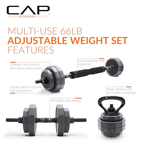CAP Barbell Multi-Use Adjustable Weight Set - Versatile Dumbbell, Barbell & Kettlebell for Full-Body Workouts | 45lb and 66lb options - size: 66 lb Set