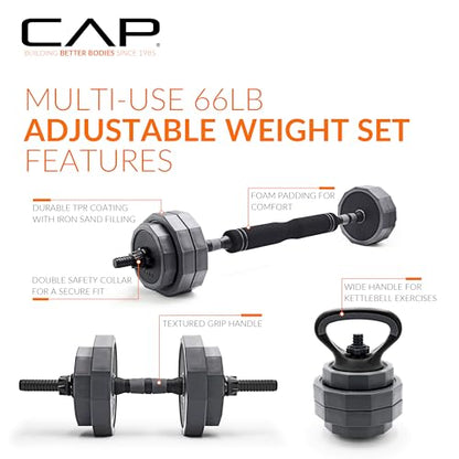 CAP Barbell Multi-Use Adjustable Weight Set - Versatile Dumbbell, Barbell & Kettlebell for Full-Body Workouts | 45lb and 66lb options - size: 66 lb Set