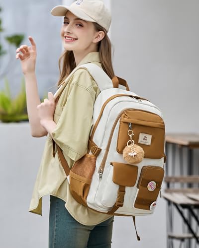 Hidds Laptop Backpacks 15.6 Inch School Bag Elementary Middle High College Backpack Cute Bookbags Anti Theft Travel Back Pack Casual Daypack Kids Book Bag for Teens Girls Women Students-Brown Beige - color: Brown Beige