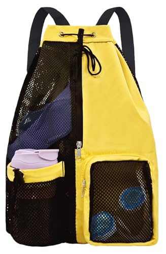 Mesh Beach Backpack with Wet Pocket Drawstring Pool Bag Waterproof Swimming Bag Gym Backpack for Men & Women - color: Yellow